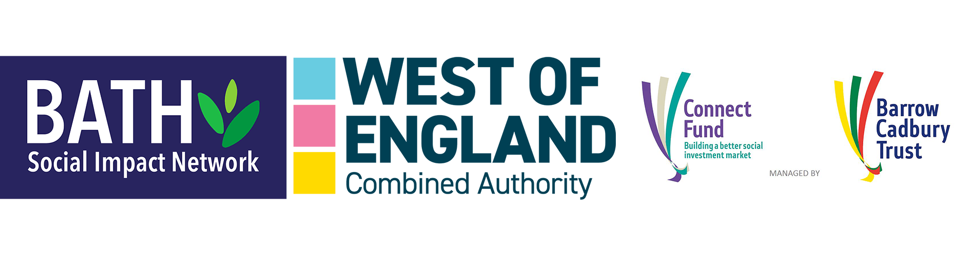 the logos for the bath social enterprise network, connect fund and the west of england combined authority