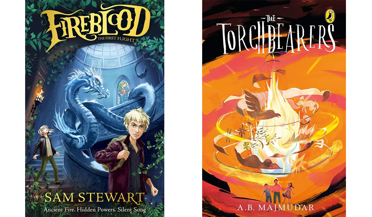 Images of book covers Fireblood and The Torchbearers