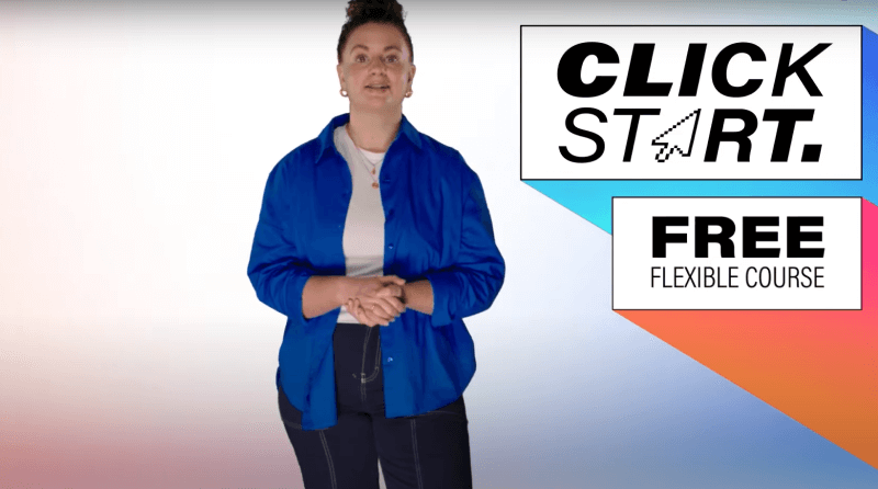 Video thumbnail showing young woman next to graphics saying Click Start and Free flexible course