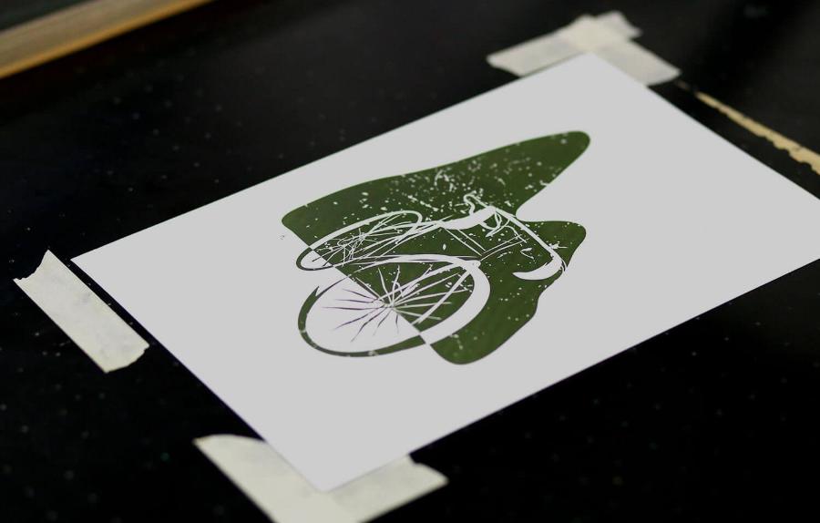 Litho print of bike in green ink