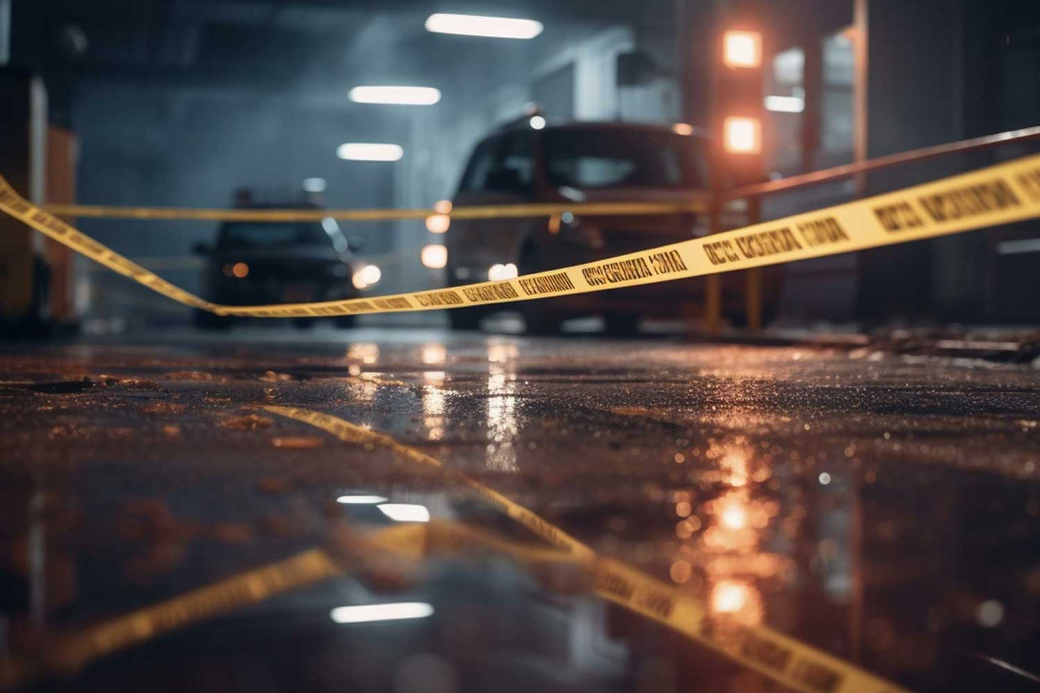 Yellow police tape surrounds a crime scene