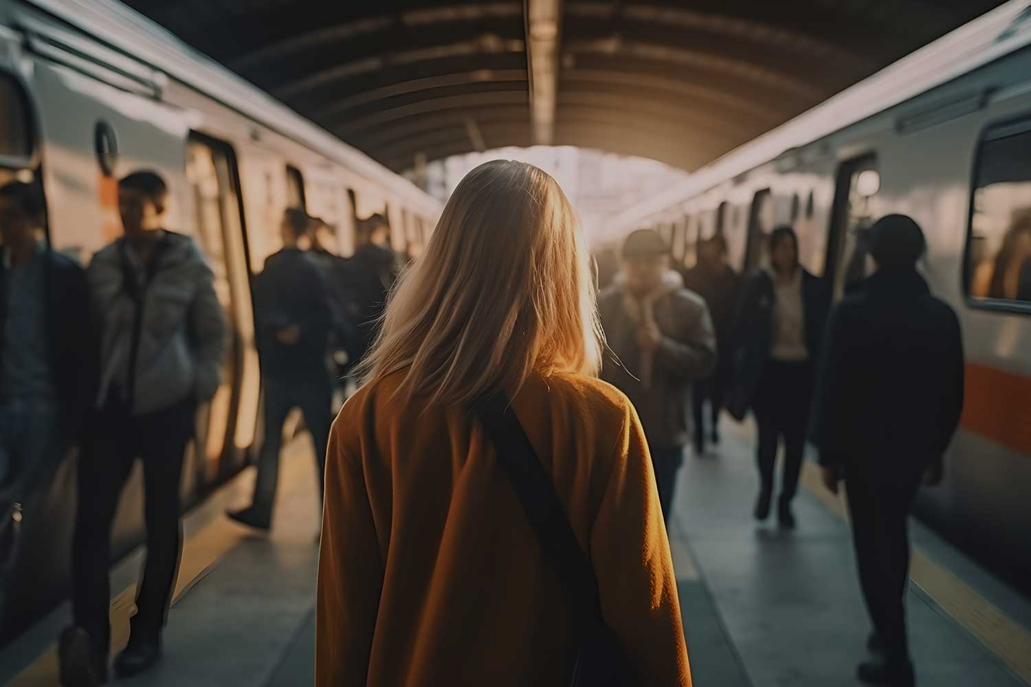 A woman stands in a busy train station