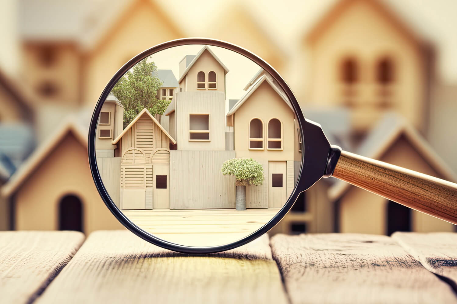 magnifying glass over illustration of houses