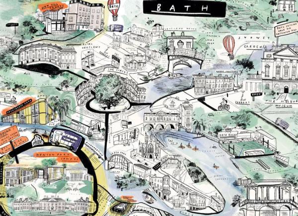 An intricate illustrated map of the city of Bath.