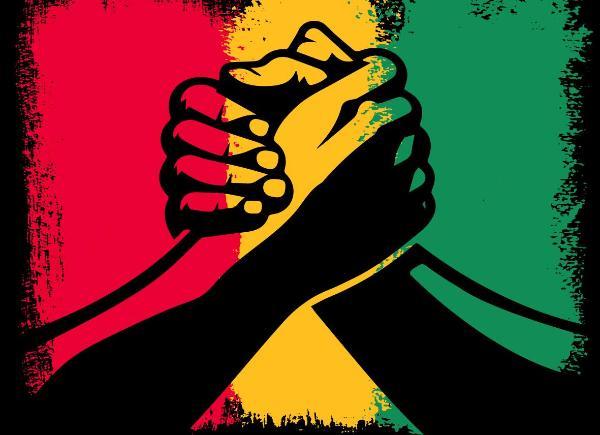 BHM 2025 logo showing two hands grasping in solidarity. Background flag in red, orange and green.