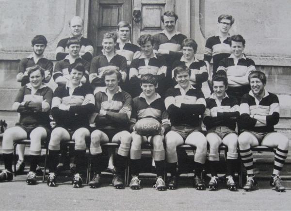 A black and white image of a rugby team