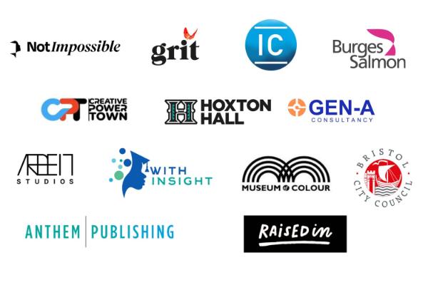 Graphic that includes the logos of the organisations that we have worked with in the past. ( Not Impossible, GRIT, Impact Consulting, Burges Salmon, Creative Power Town, Hoxton Hall, Gen A Consulting, Arbeit Studios, WIth Insight, Museum of Colour, Bristol City Council, Anthem publishing, Raised In.)