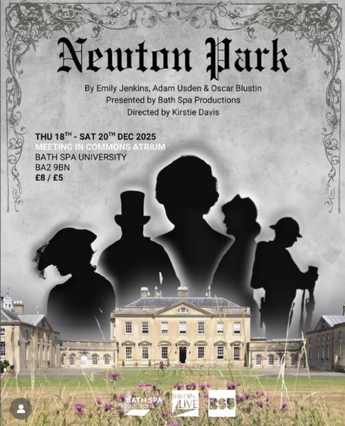 Show poster with silhouettes of people behind the Main House building