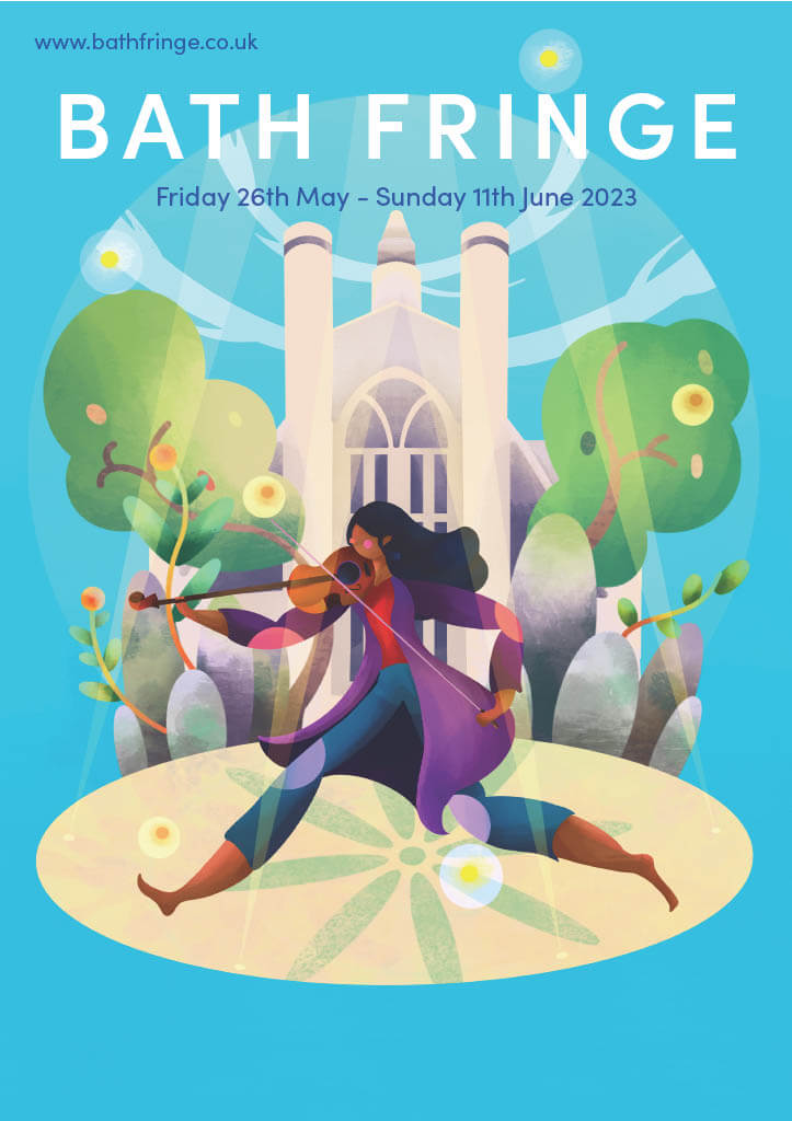 The art work chosen to use on the publicity materials for Bath Fringe 2023. It shows a violinist dancing in front of Bath Abbey.