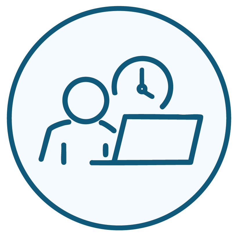 A simple, blue and white illustration of a person using a laptop with a block behind them