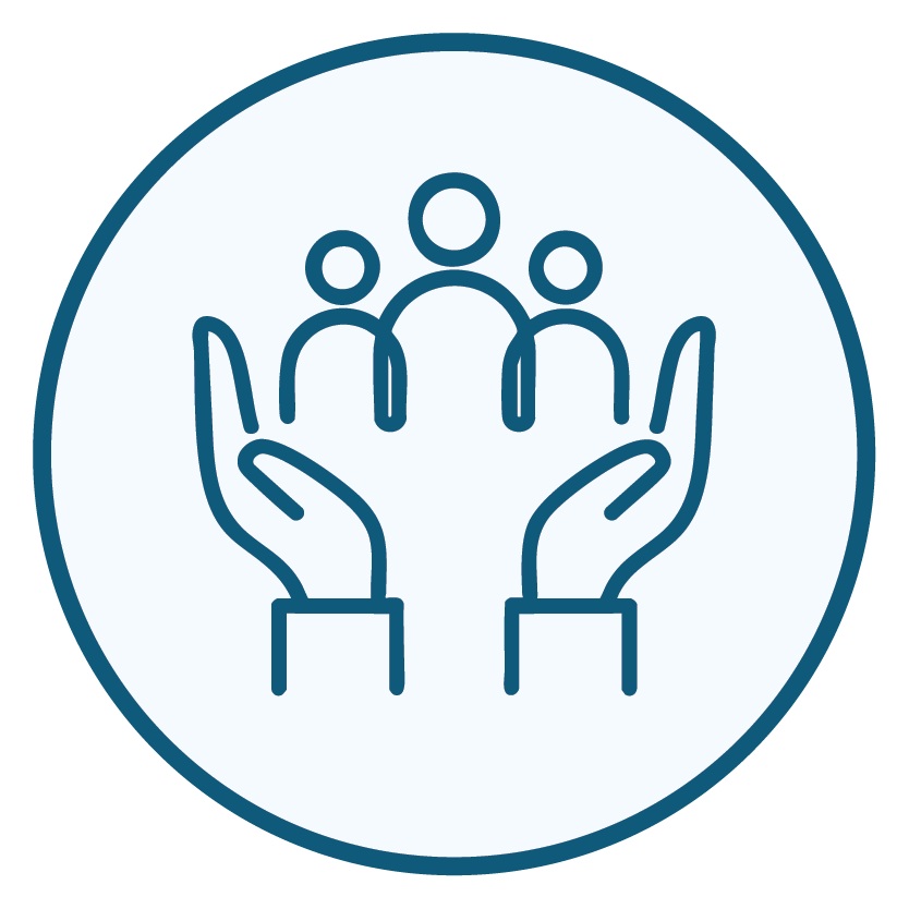 A simple, blue and white illustration of three people in between someone's hands