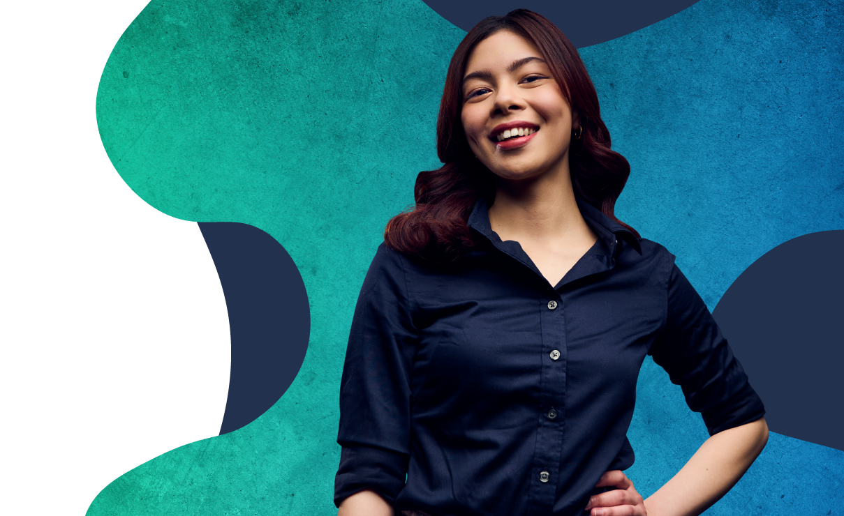 A cutout image of a student surrounded by a teal and navy background of abstract shapes