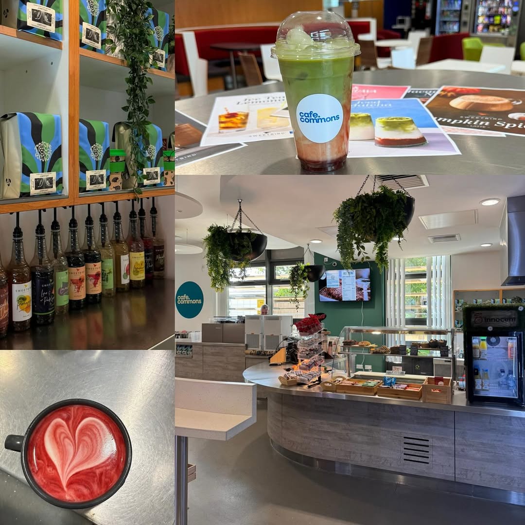 A collage of photos of coffee machines, organised coffee bags under a brightly lit cafe.