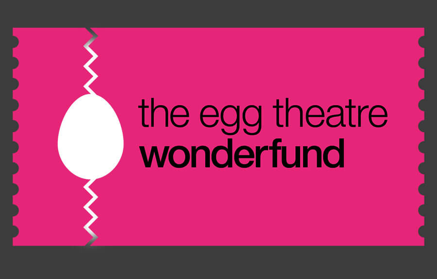 the egg theatre wonderfund text in black on a bright pink background with the egg logo in white to the left
