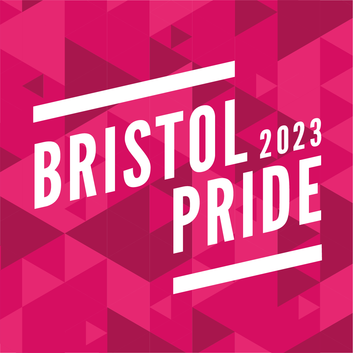 A series of pink triangles with the words Bristol Pride 2023 written over the top in white.