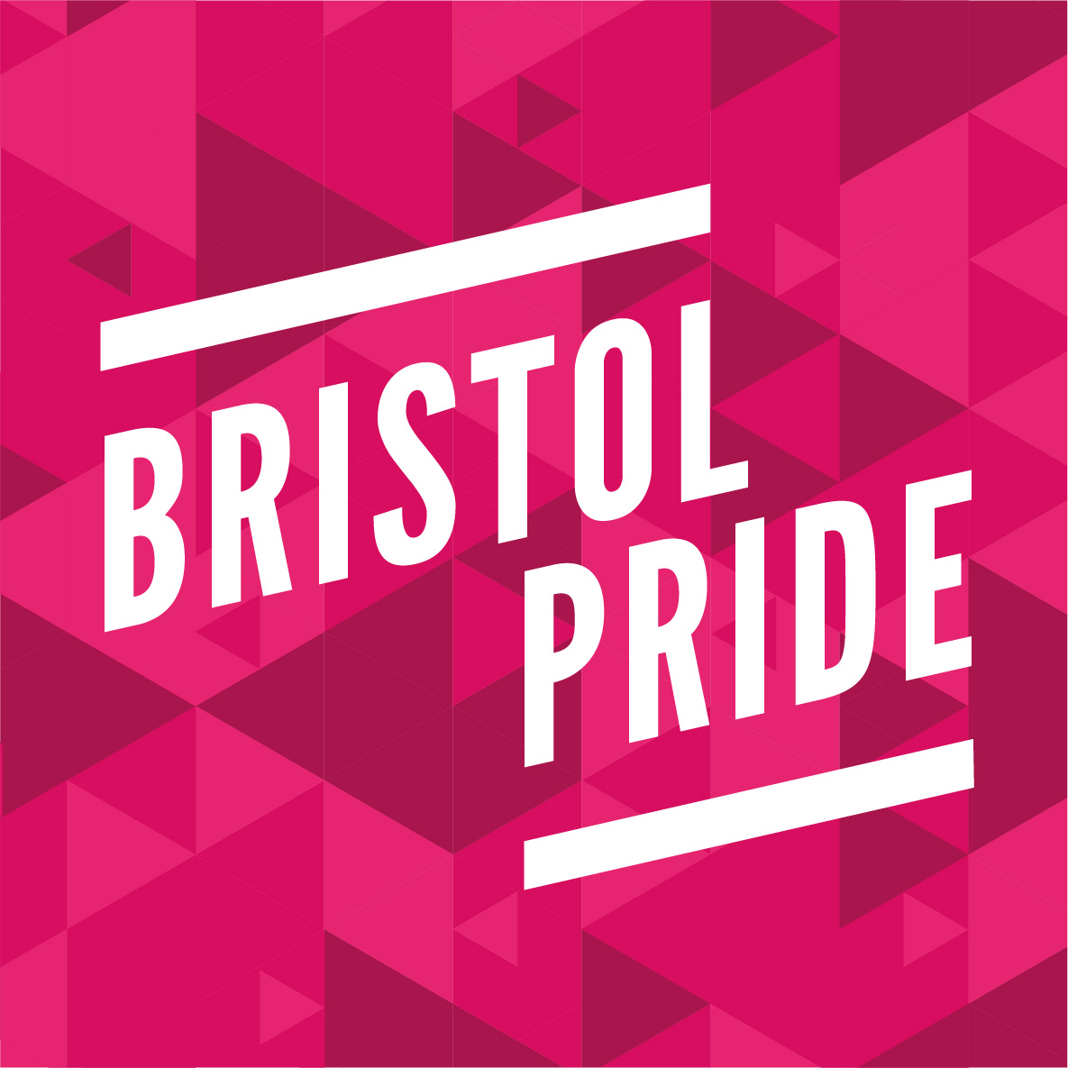 A series of pink triangles with the words Bristol Pride written over the top in white