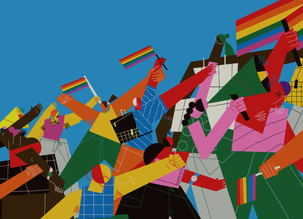 An illustration showing a diverse group of people marching. Some of the people are holding up rainbow flags.