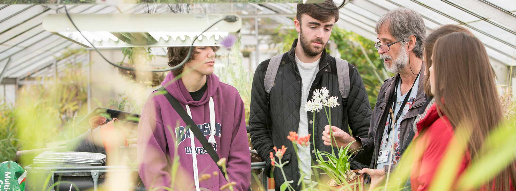 Students and lecturer in the greenhouse at BSU discussing flowers