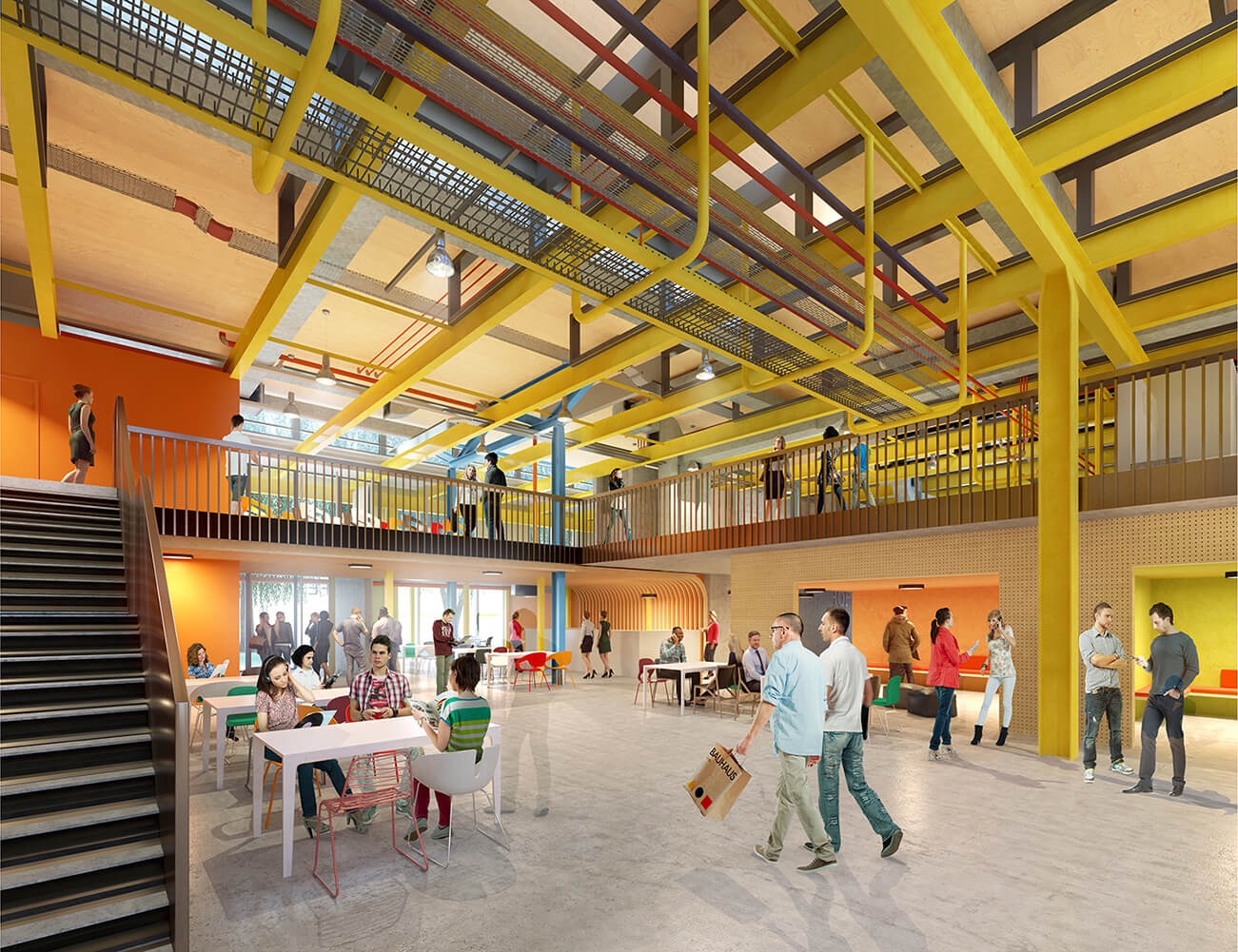 Inside Locksbrook campus - yellow painted industrial building