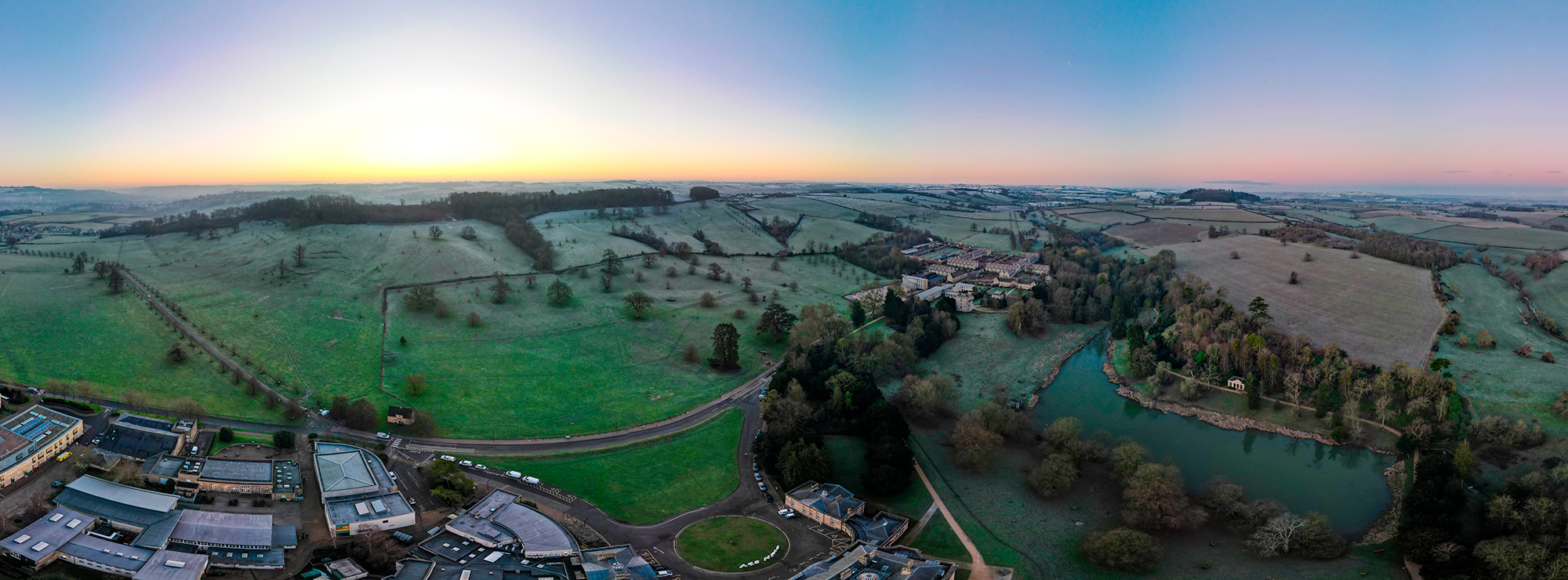 Aerial view of Newton Park at sunrise