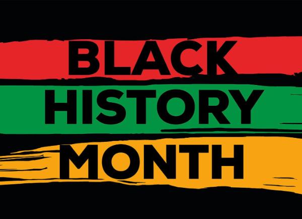 Black History Month written across a red, green and yellow stripe2