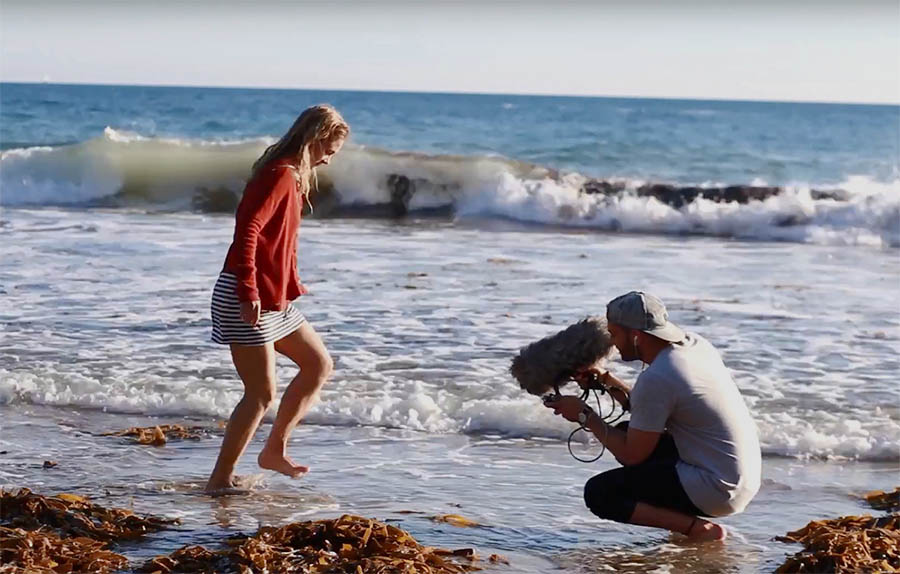 Twi Porthleven Prize 2019 winners recording audio at the beach.