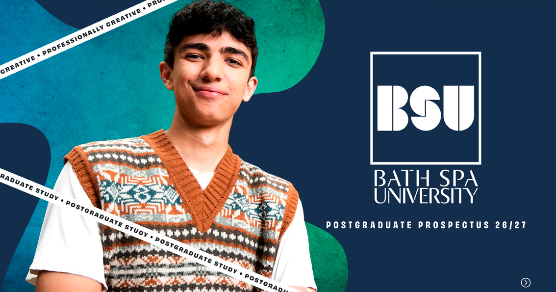 The front cover of the Postgraduate Prospectus 2026 showing a student in front of an abstract background with the BSU Logo on it