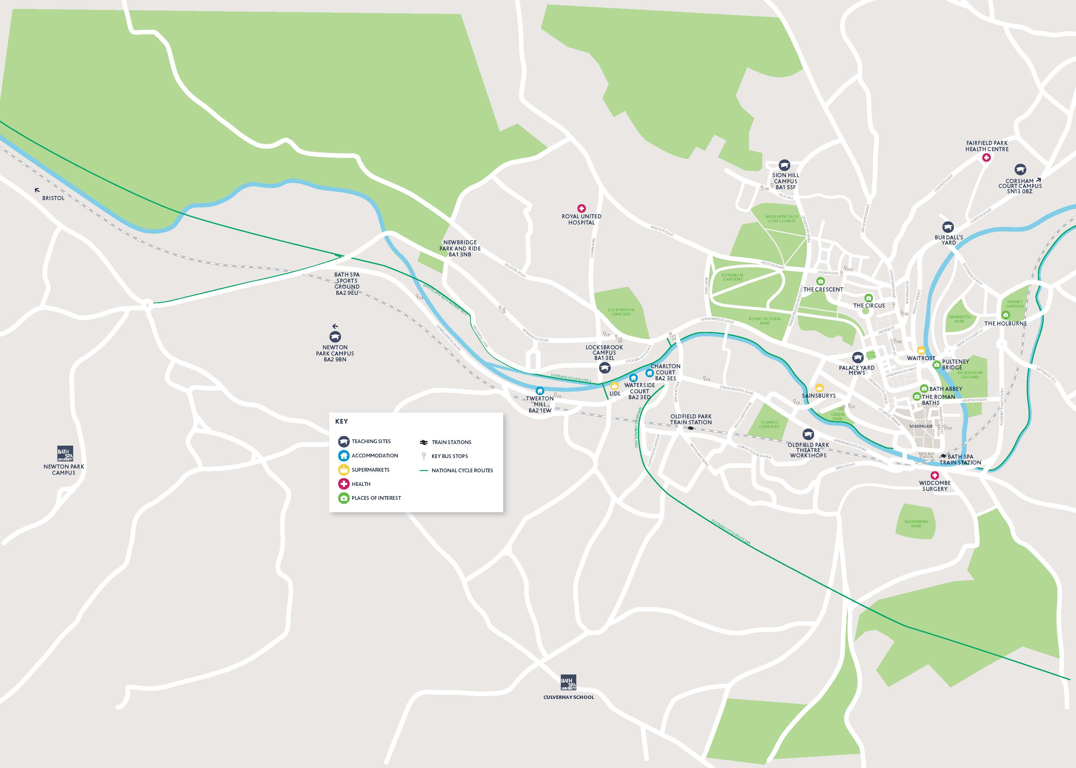 Map showing key campus and teaching locations of Bath Spa University, plus accommodation in Bath city centre