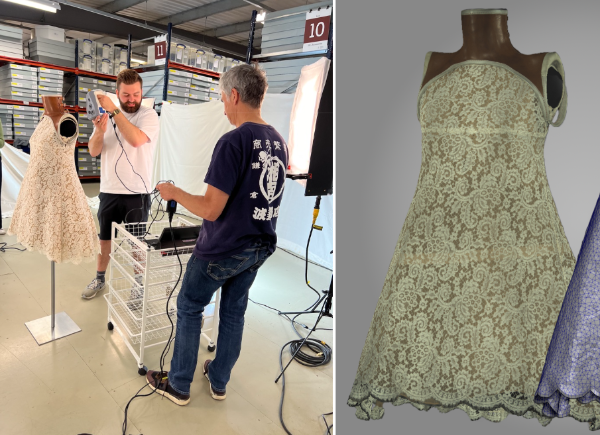 Team from CAMERA using Artec scanners to scan 1999 Alexander McQueen Dress of the Year, digital twin of the dress in Maya created by CAMERA