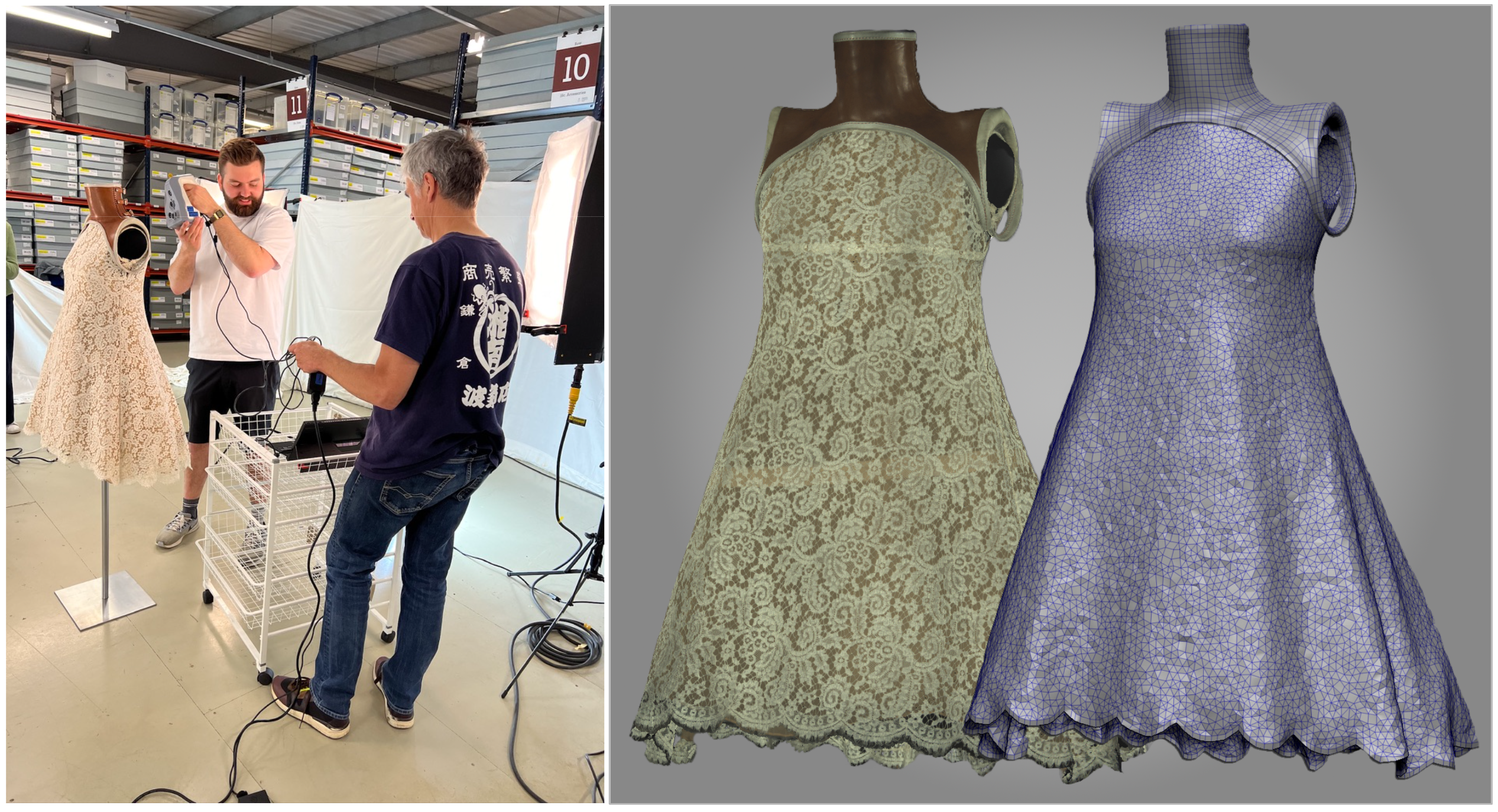 Team from CAMERA using Artec scanners to scan 1999 Alexander McQueen Dress of the Year, digital twin of the dress in Maya created by CAMERA