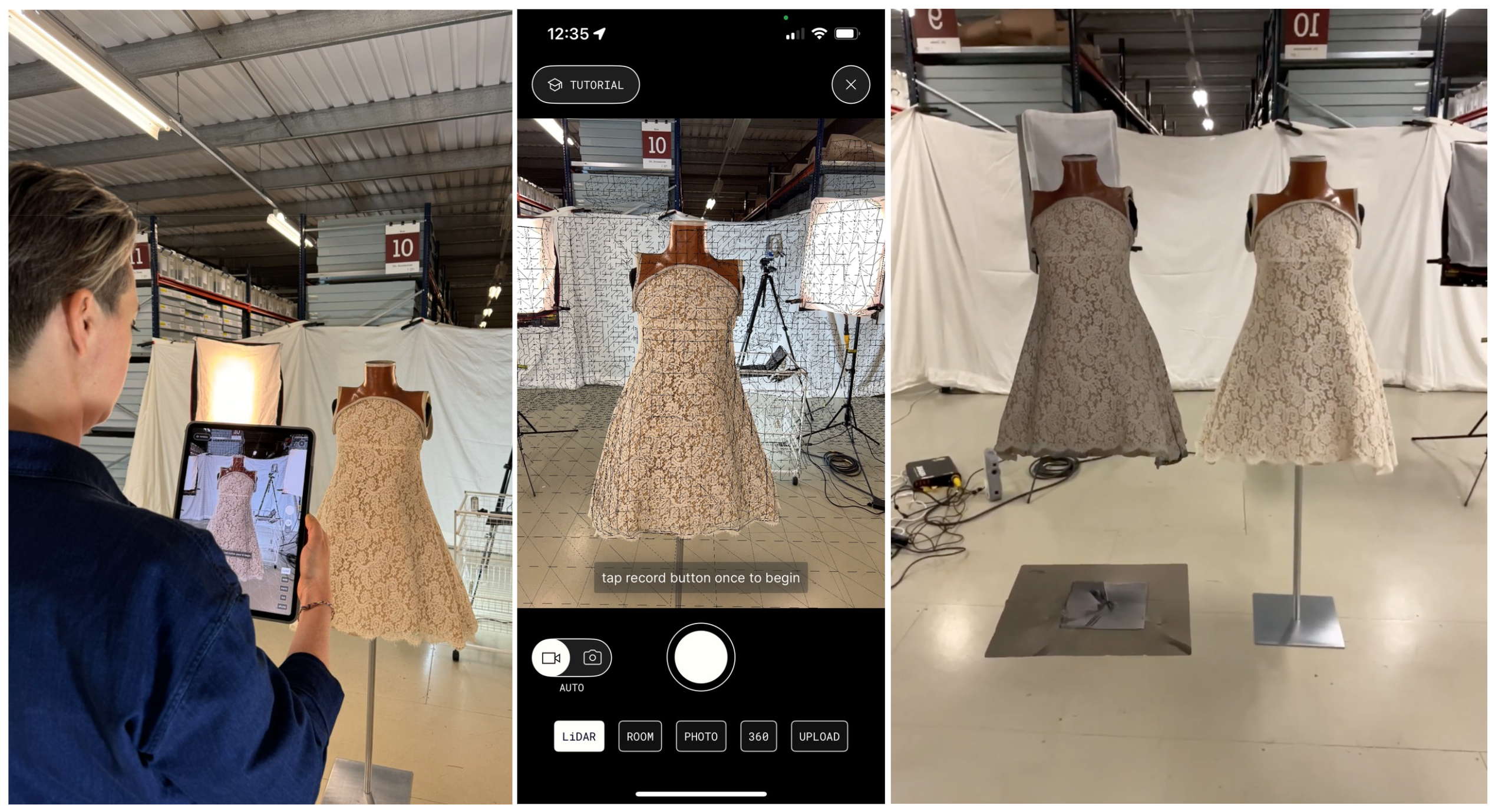 Polycam scanning of 1999 Alexander Mcqueen Dress of the Year, Augmented Reality version of the dress next to the original