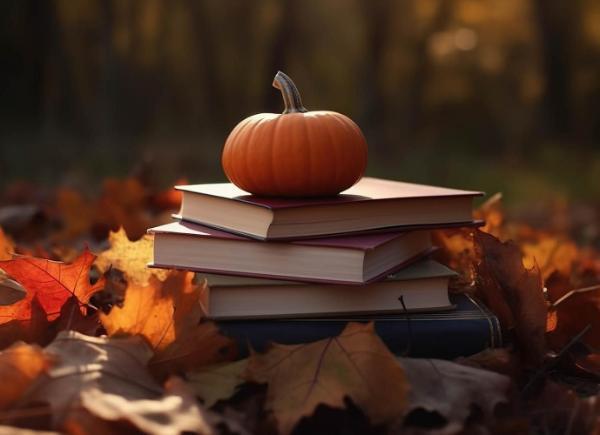 A stack of books with  a pumpkin on top of them surrounded by autumn leaves