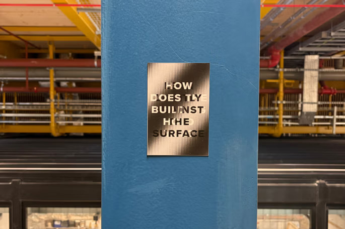 A silver plaque on a blue pillar shows two phrases overlapping directly on top of each other in clashing light and dark text. The clash makes the phrase mostly unreadable, but the light words seem to be 'how does the building hold you'.