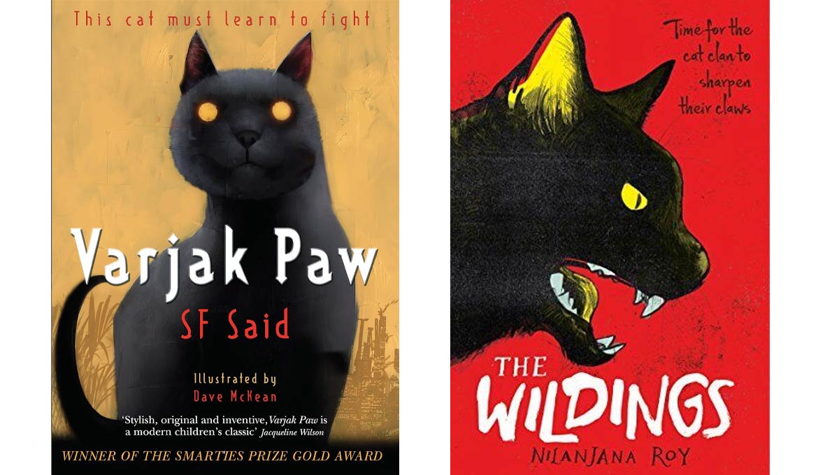 Two book covers - Varjak Paw and The Wildings