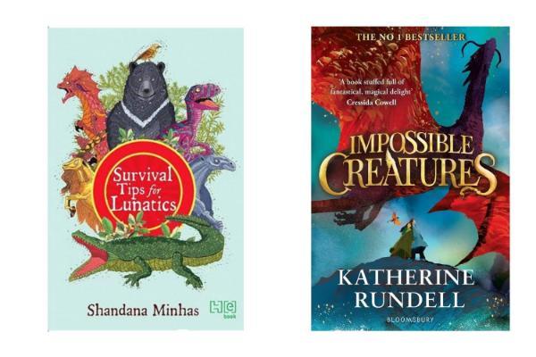 Two book covers of Survival Tips for Lunatics by Shandana Minhas, India  Impossible Creatures by Katherine Rundell, UK