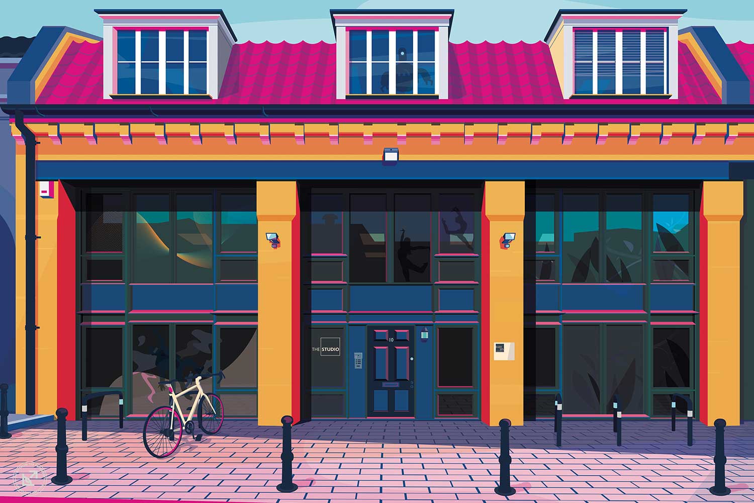 A colourful digital illustration of a building with blue steel panels at the front