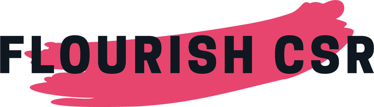 The words Flourish CSR are in black on a white background. Behind the words is a pink stripe.