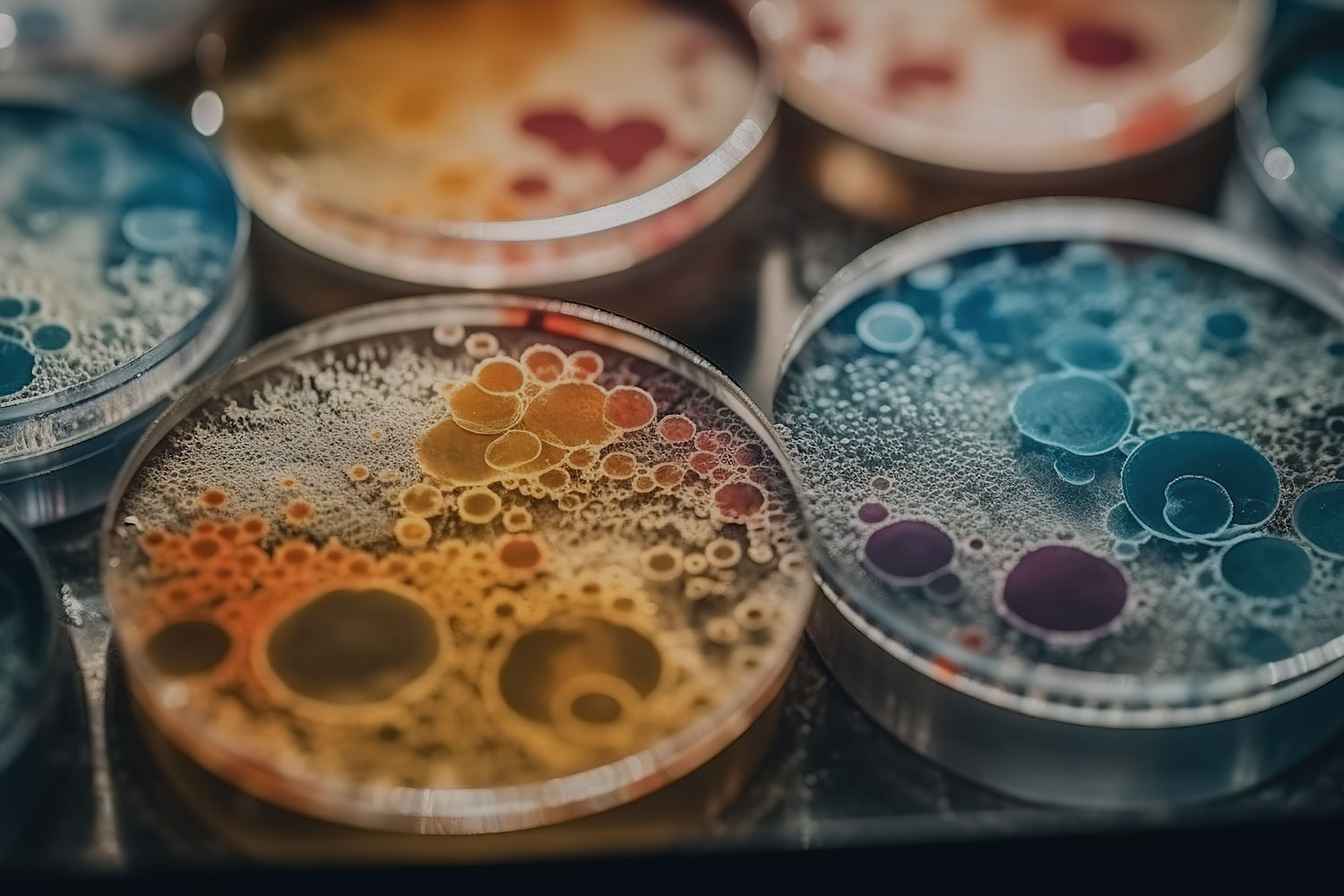 Several petri dishes showing growing bacterial cultures