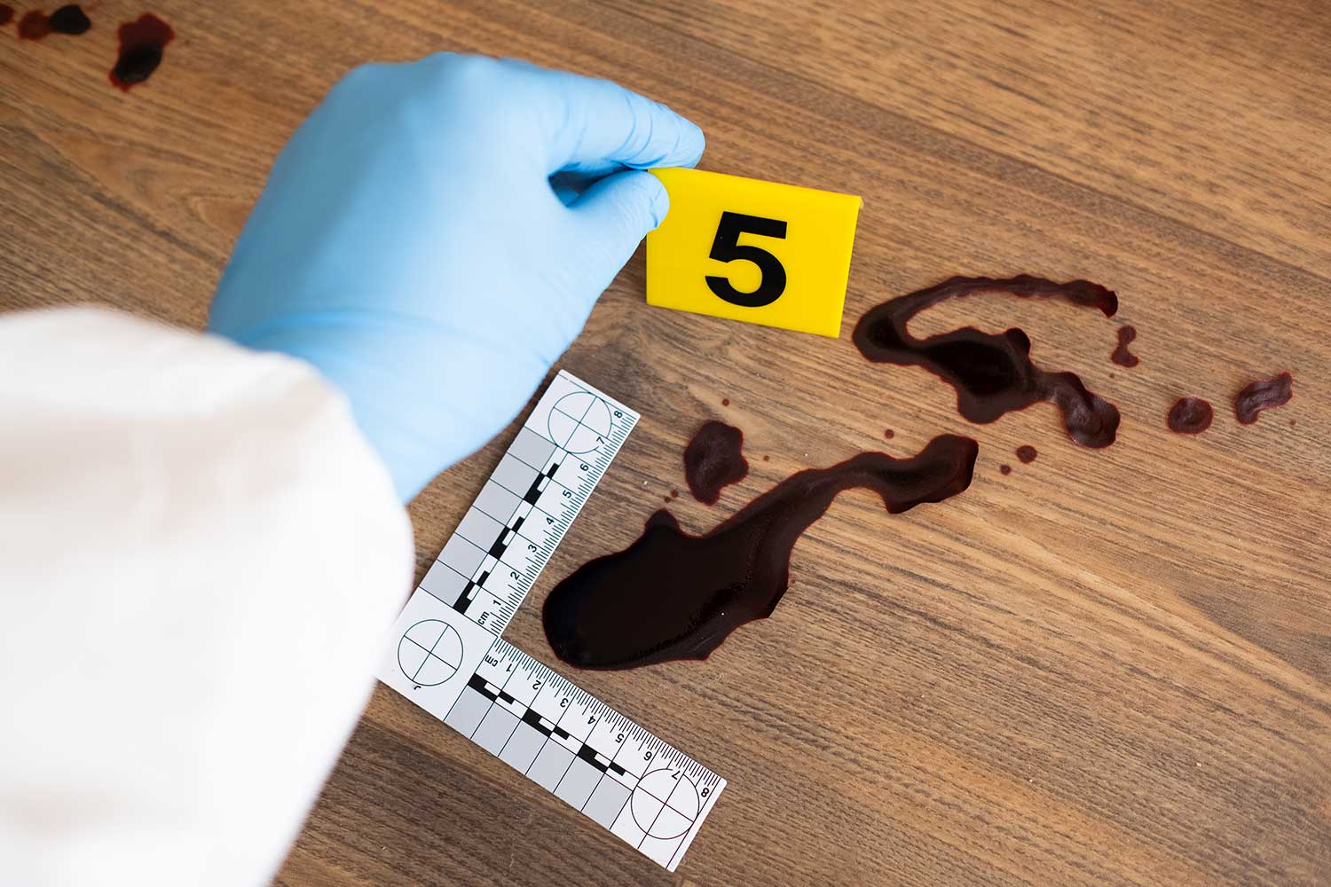 A close up of evidence in a fake crime scene investigation