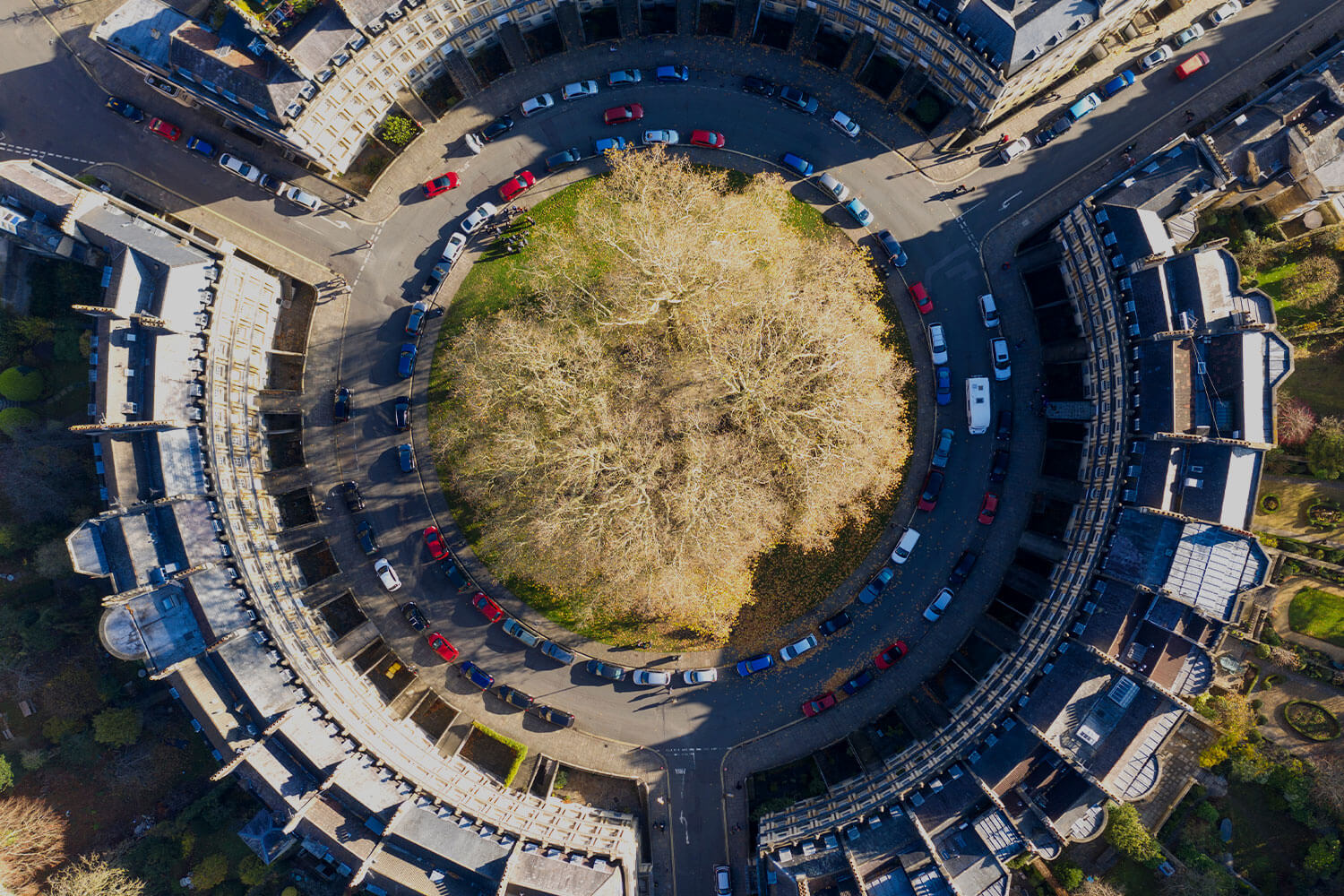 Aerial drone view of The Circus street in Bath, Somerset, UK