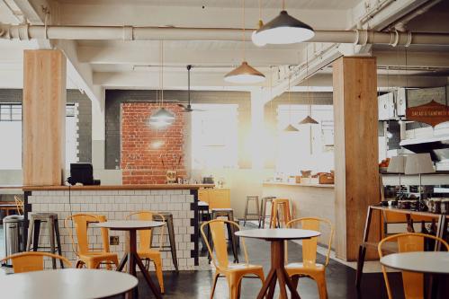 Empty, interior design of modern restaurant and open space during the day