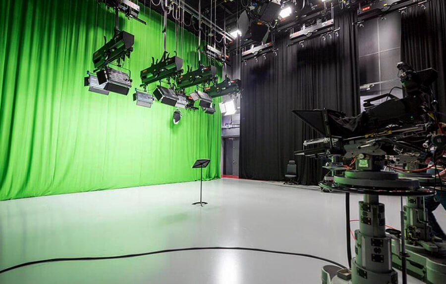 Interior photo of camera and lighting set up in TV studio B in the Commons Building at Bath Spa University Newton Park campus2
