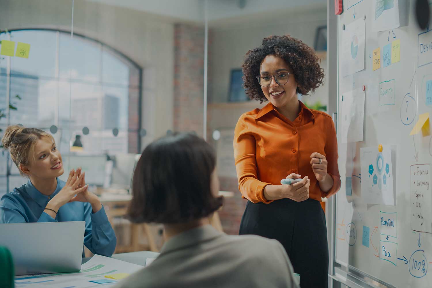 An employee leads a marketing meeting