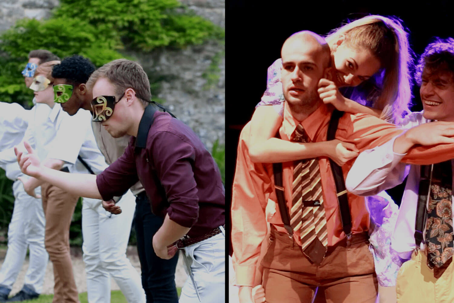 Two side by side images of Drama students performing in costume
