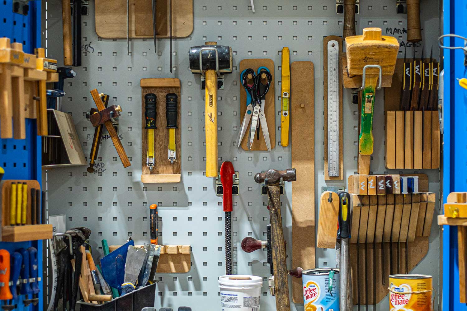 Tools hanging in the woodwork workshop