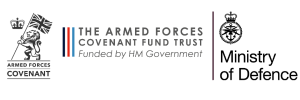 The logos for the armed forces covenant, the armed forces covenant fund trust and the ministry of defence