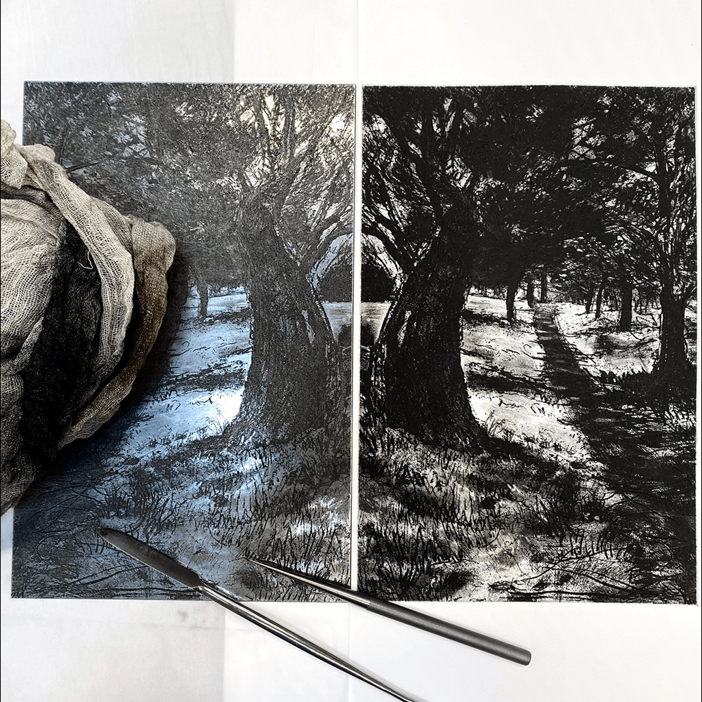 A photo of an engraved metal plate and an inked print on paper