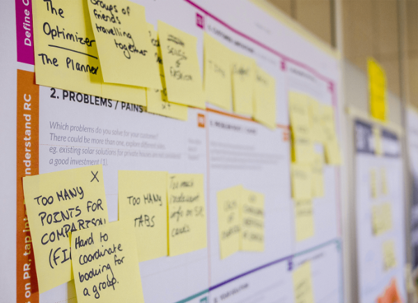 A large planning board showing an agile workflow. On top of the board is a series of post-it notes.