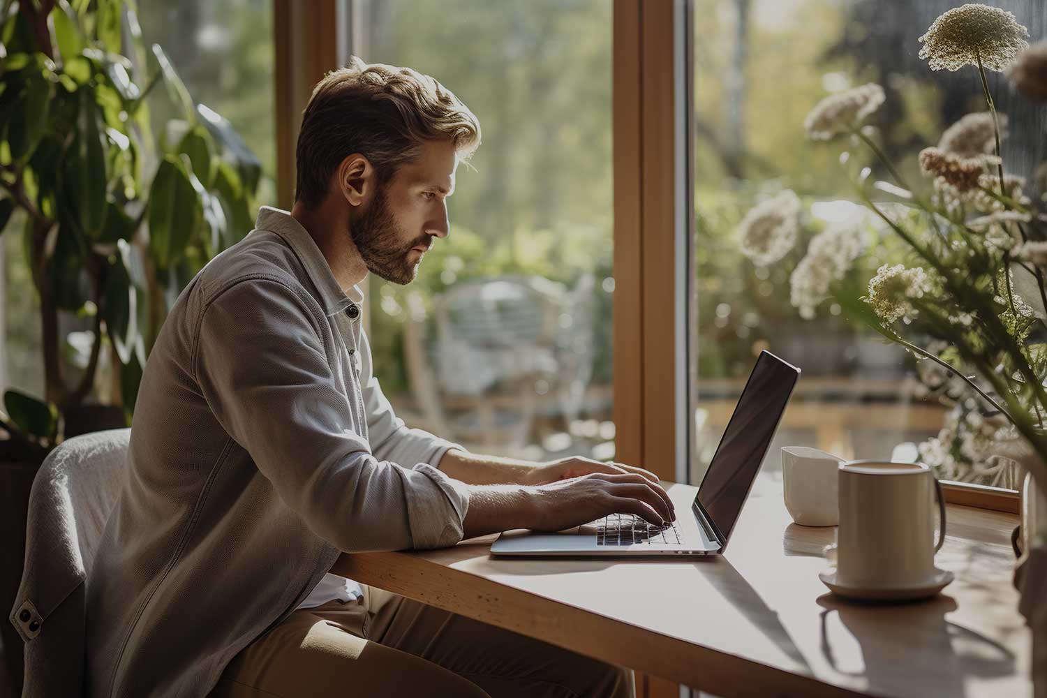 A writer works in a sunny conservatory