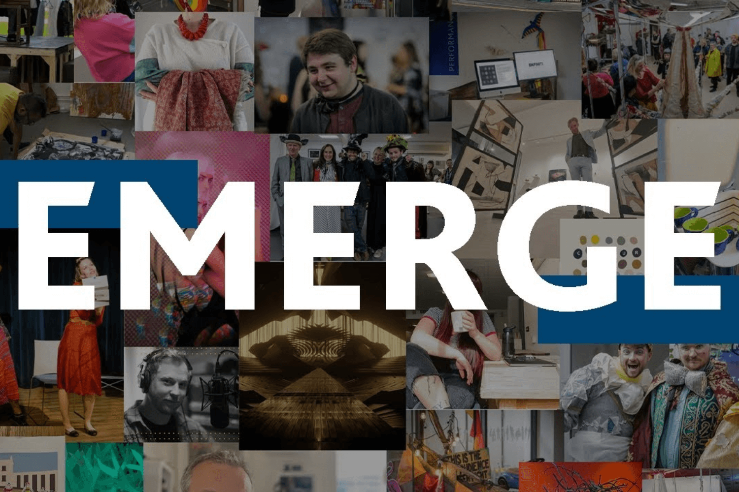 The word EMERGE in white capital letters overlaid atop a collage of different creatives from Bath Spa University.